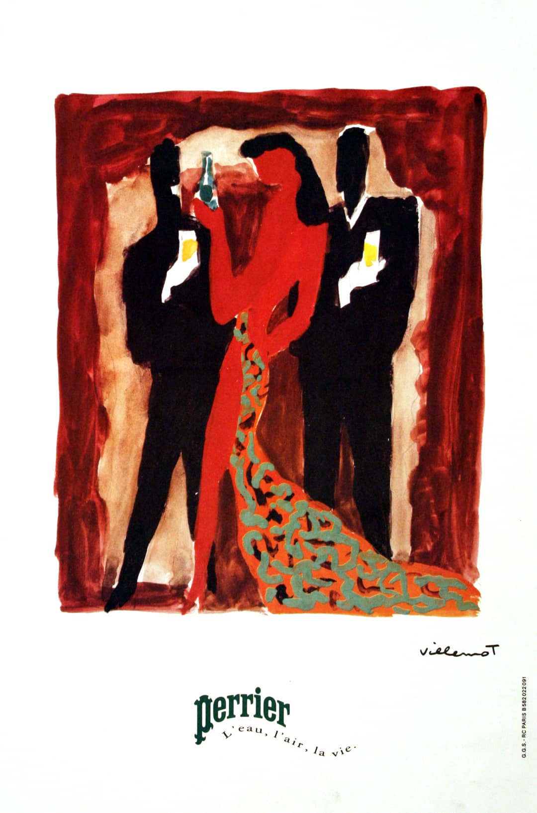 Original Perrier Trio Poster by Bernard Villemot circa 1975
