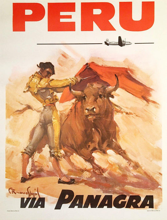 Original Vintage Pan Am Poster Peru via Panagra c1946 Bullfight by Carlos Ruano-Llopis