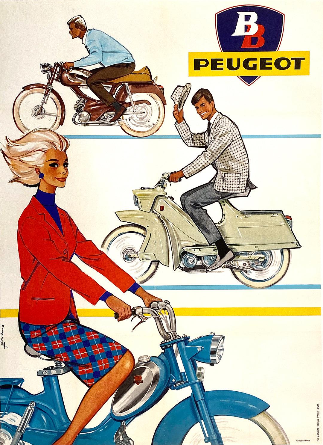 Original Vintage Peugeot Motorcycle Street Scene Poster c1970