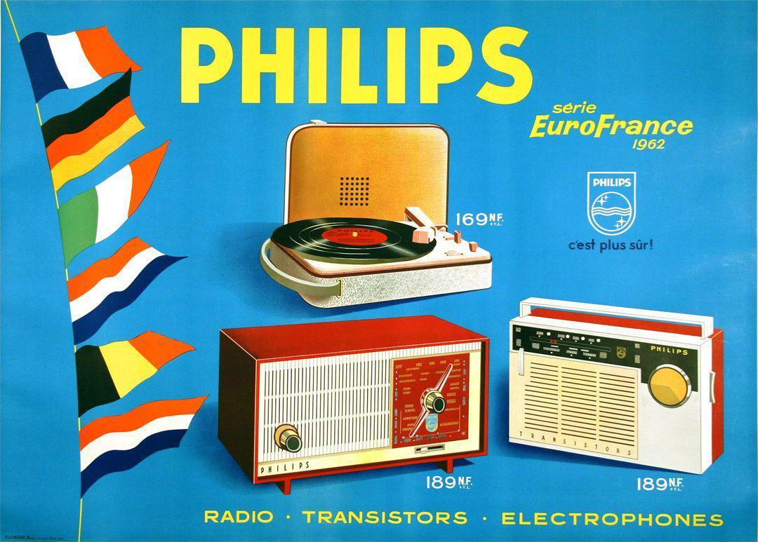 Philips Original Flags Poster c1955 Radio Record Player