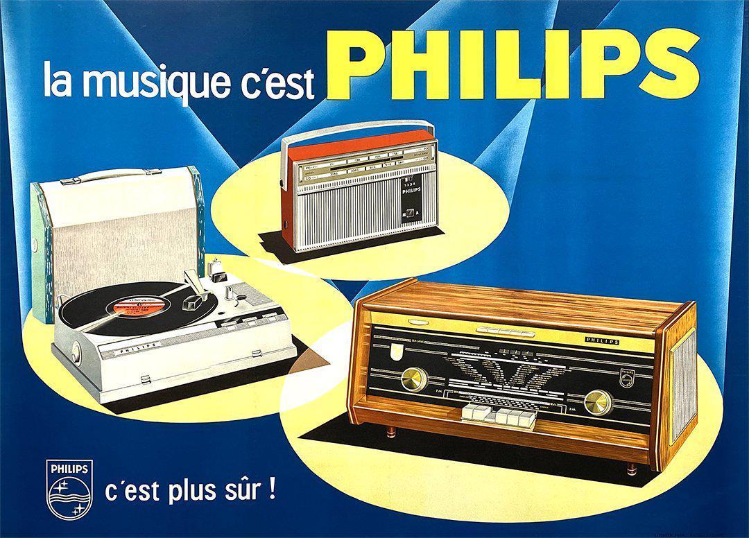 Original Vintage Philips Transistor Radio Record Player Poster La Musique c1965