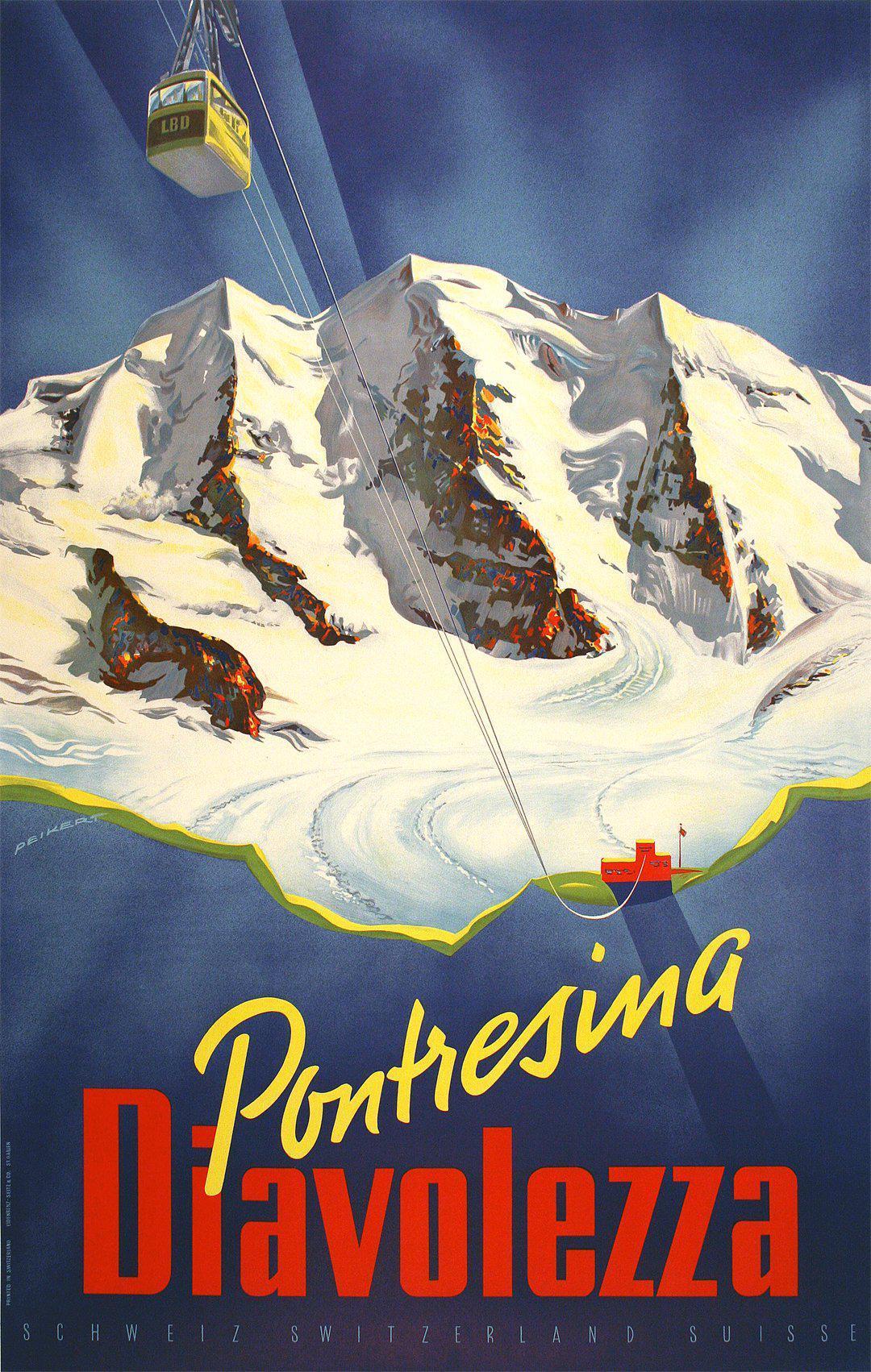 Original Vintage Swiss Ski Poster Pontresina Diavolezza by Martin Peikert 1960