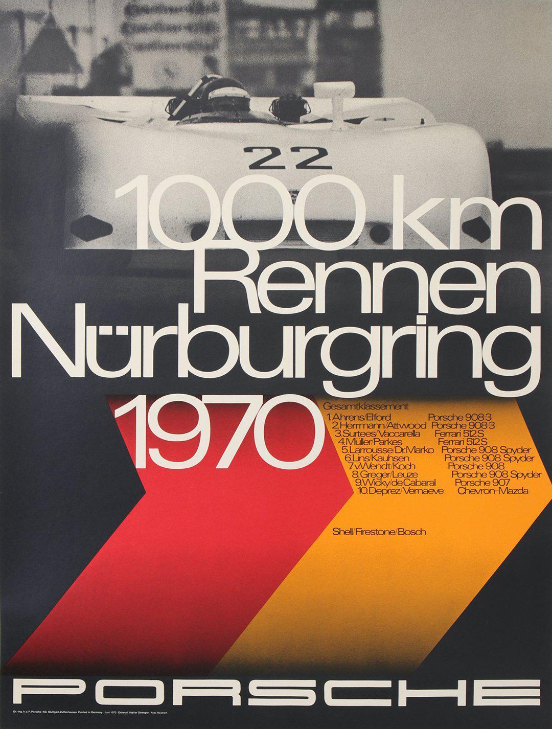 Original Vintage Porsche Car Race Poster Nurburgring German Grand Prix 1970 Ahrens Elford Formula One