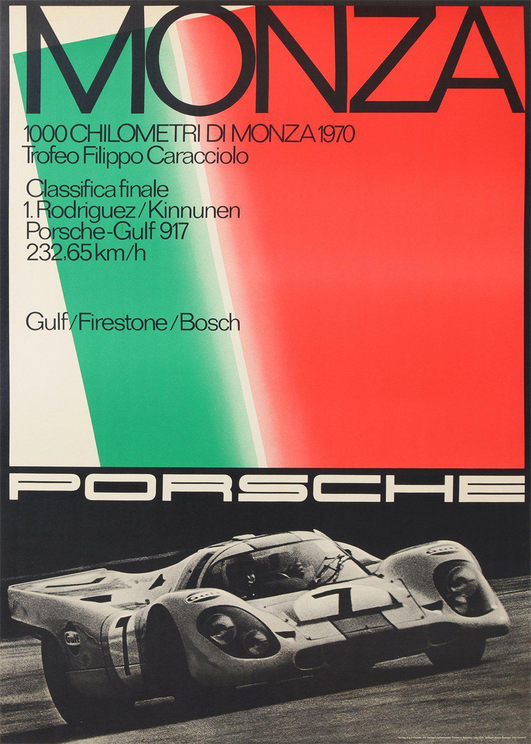 Original Vintage Porsche Car Race Poster Monza Italian Grand Prix 1970 Rodriguez Kinnunen