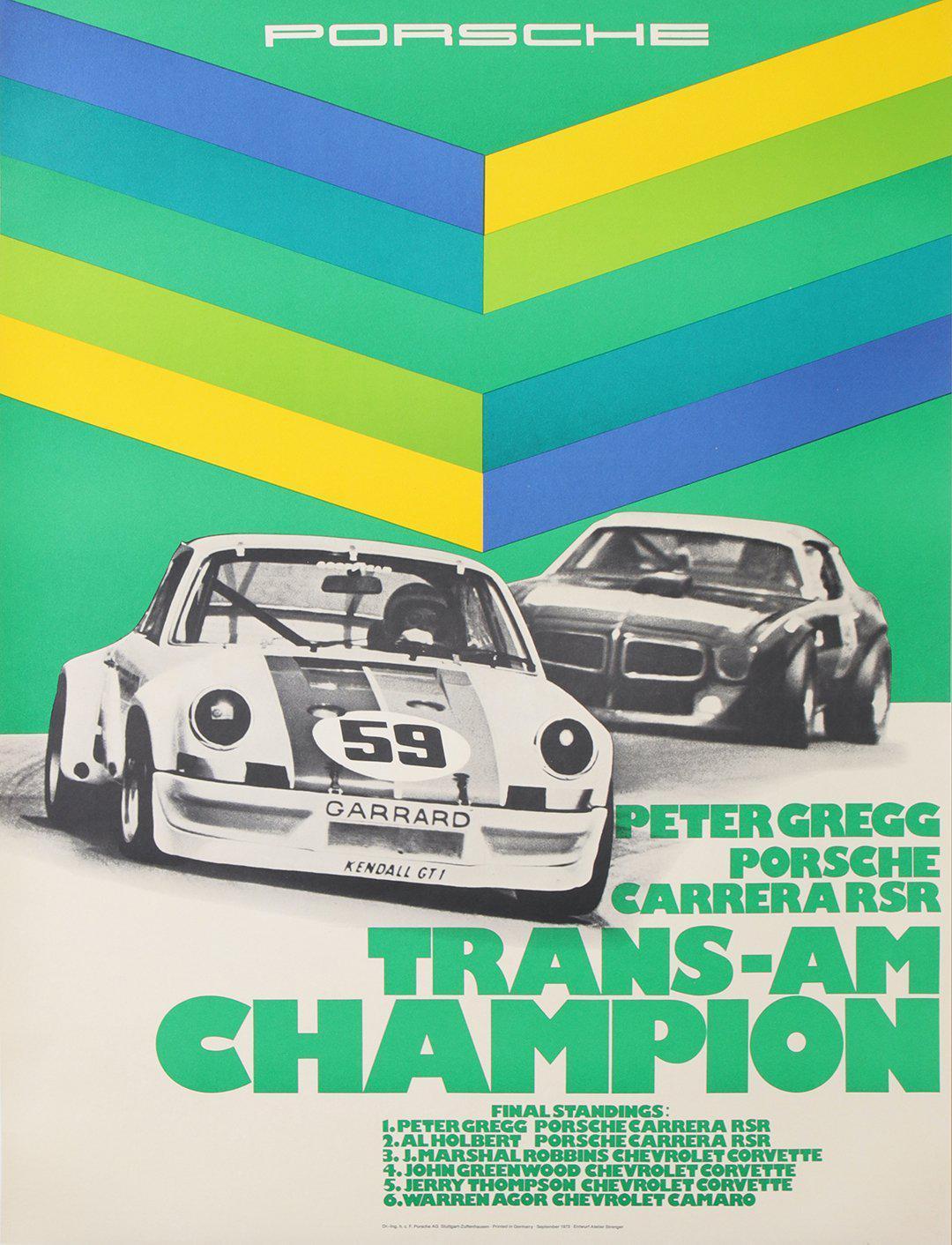 Original Vintage Porsche Car Race Poster Peter Gregg Trans-Am Champion 1973