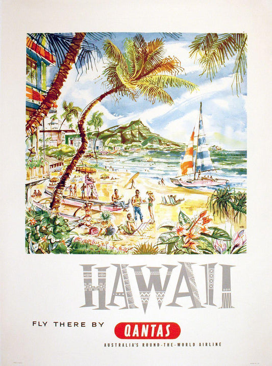 Original Qantas Hawaii Poster c1960 by Harry Rogers Waikiki Beach