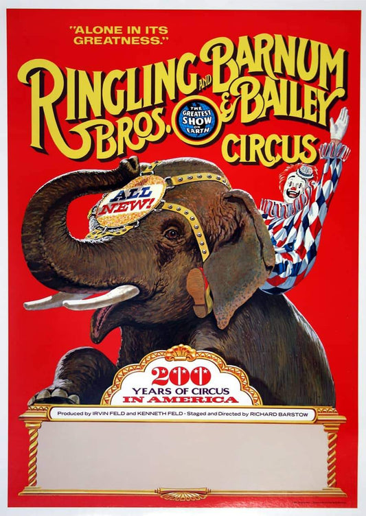 Ringling Bros. Barnum and Bailey Circus Original Vintage Poster - 200 Years Clown Riding an Elephant c1975