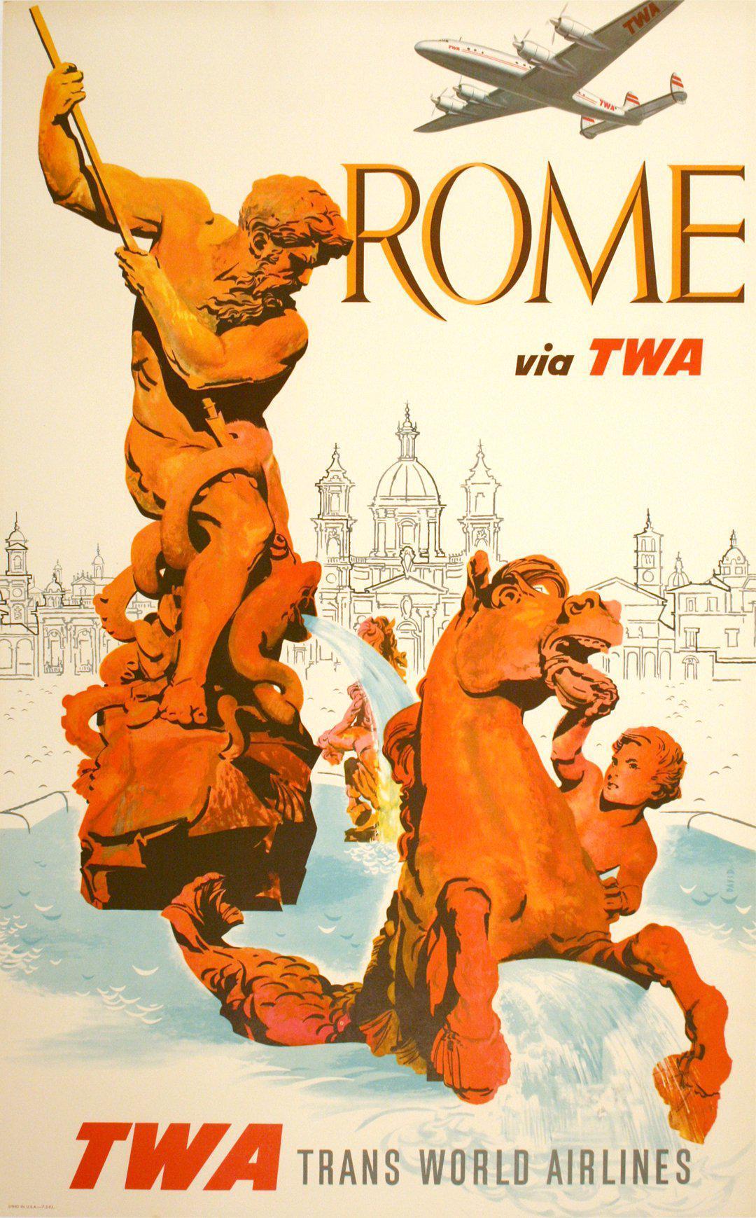 Original David Klein Vintage Travel Poster Rome via TWA  c1955 Italy Trevi
