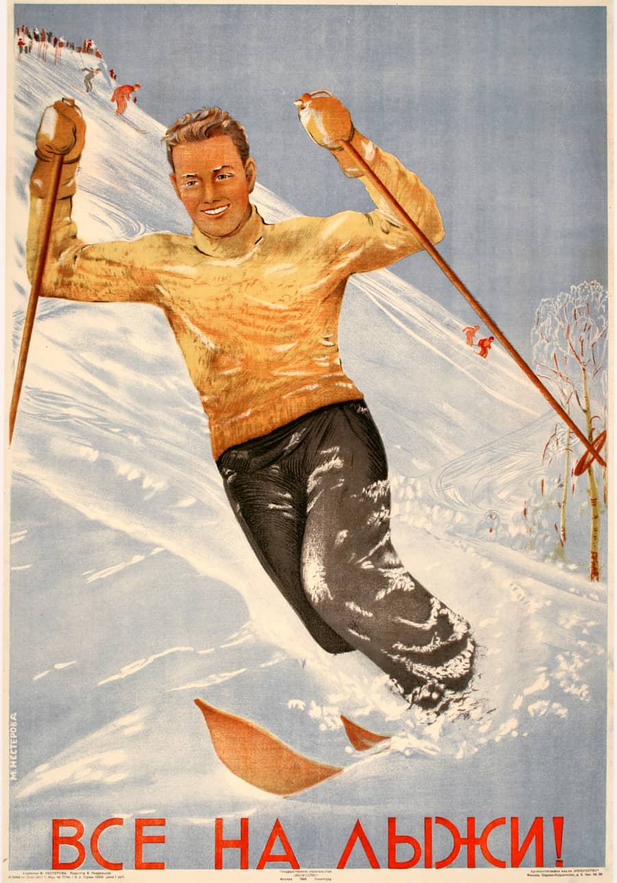 Original Russian Ski Poster 1948 by Maria Nesterowa - Go Skiing