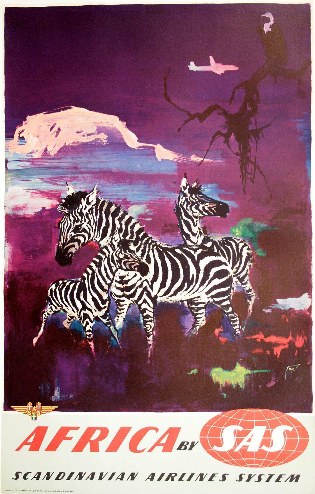 Original Vintage SAS c1955 Poster by Otto Nielsen - Africa Zebras