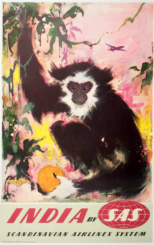 Original SAS - India - Monkey Poster by Otto Nielsen circa 1955