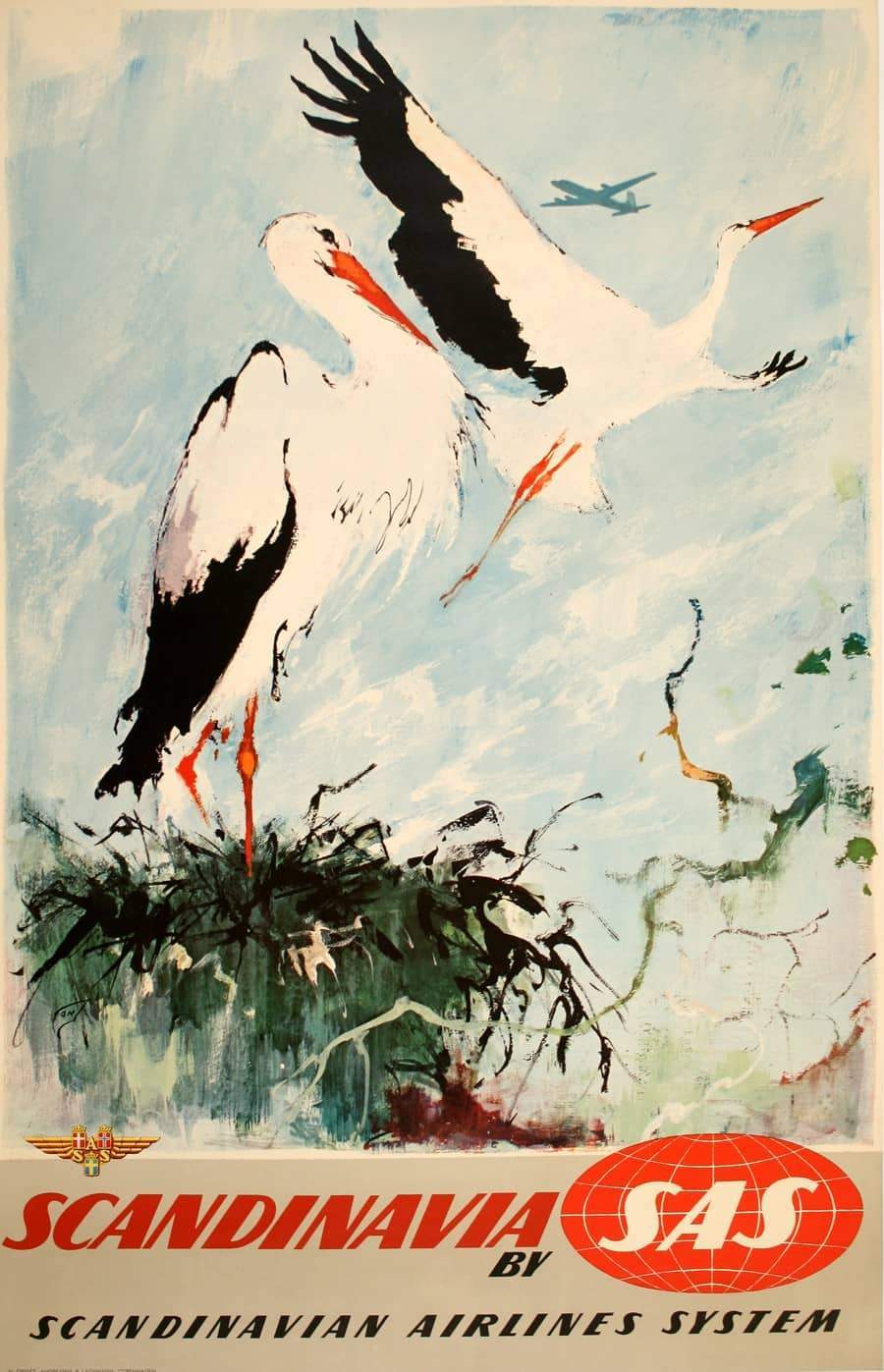 Authentic Vintage Poster 1950's for SAS by Otto Nielsen - Scandinavia Pelicans