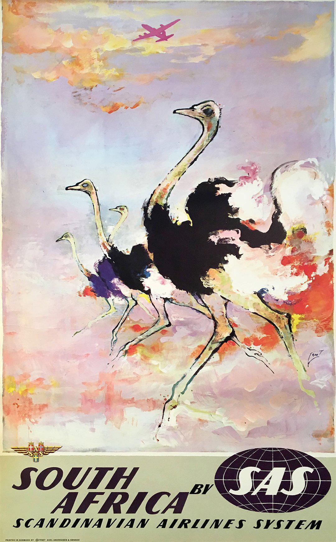 Authentic Vintage Poster c1955 for SAS - South Africa Ostriches by Otto Nielsen