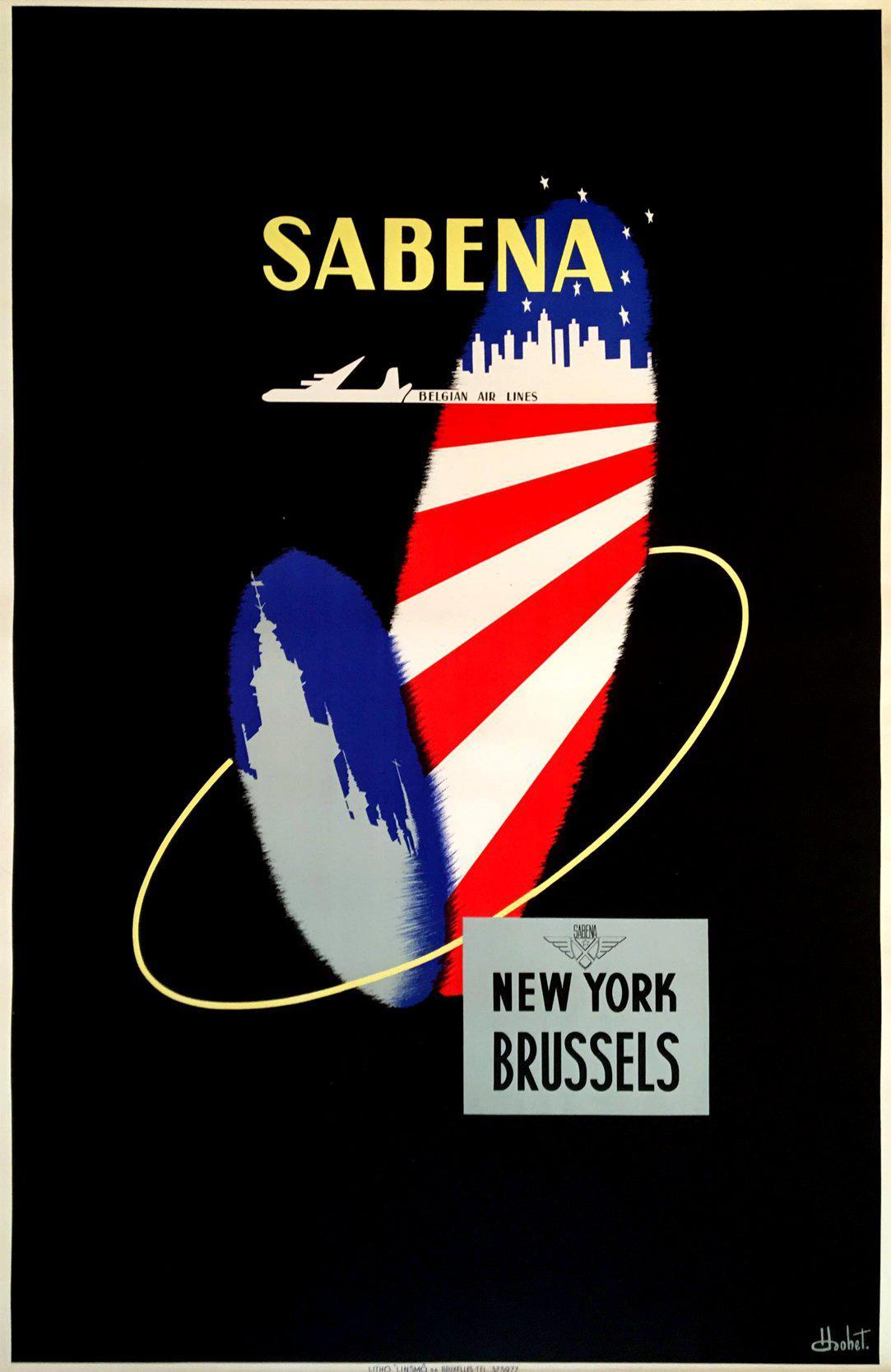 Original Vintage Sabena Travel Poster New York to Brussels Belgium by Hohet c1950