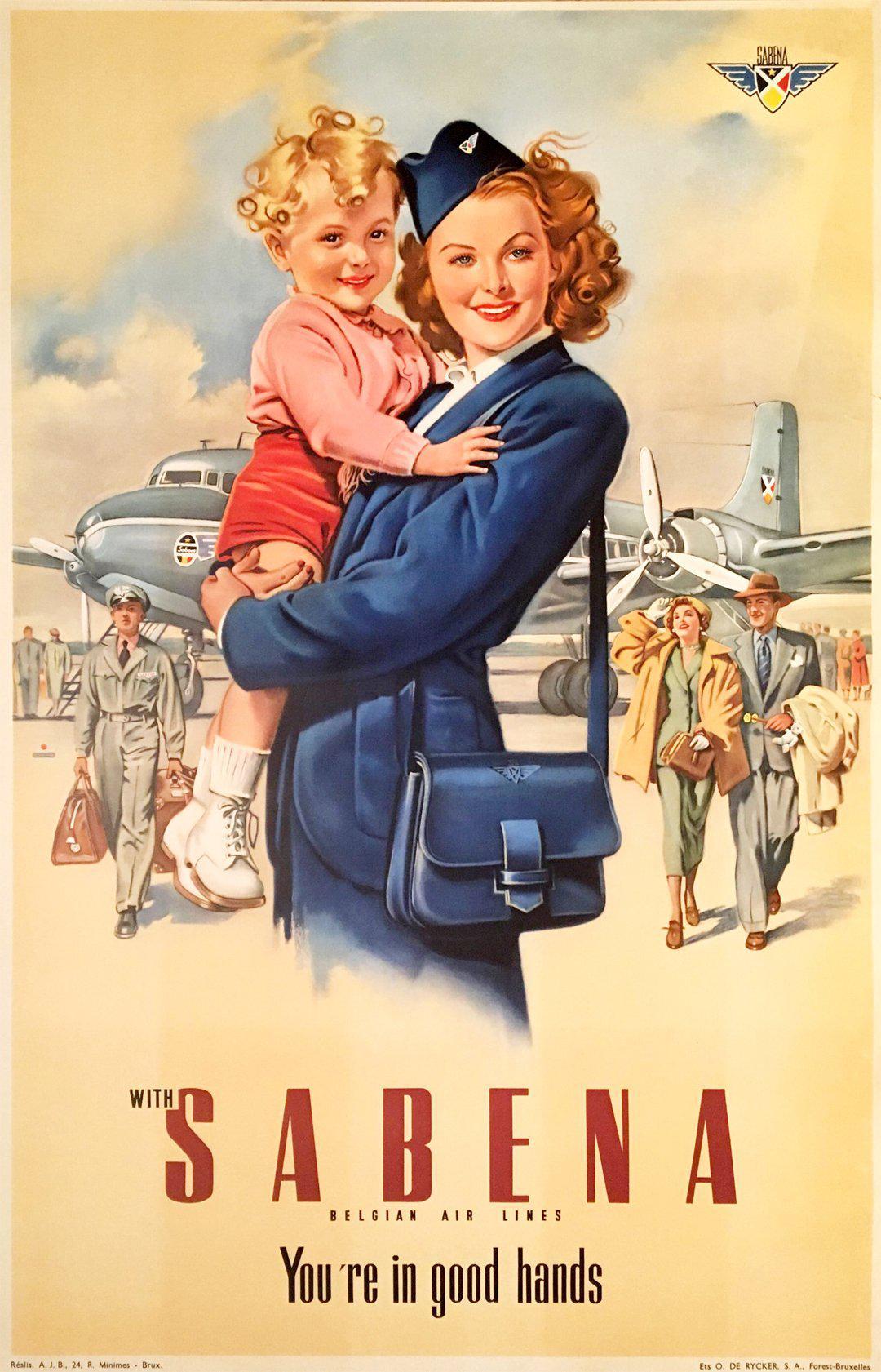 Original Vintage Sabena Poster You're in Good Hands c1950 Flight Attendant