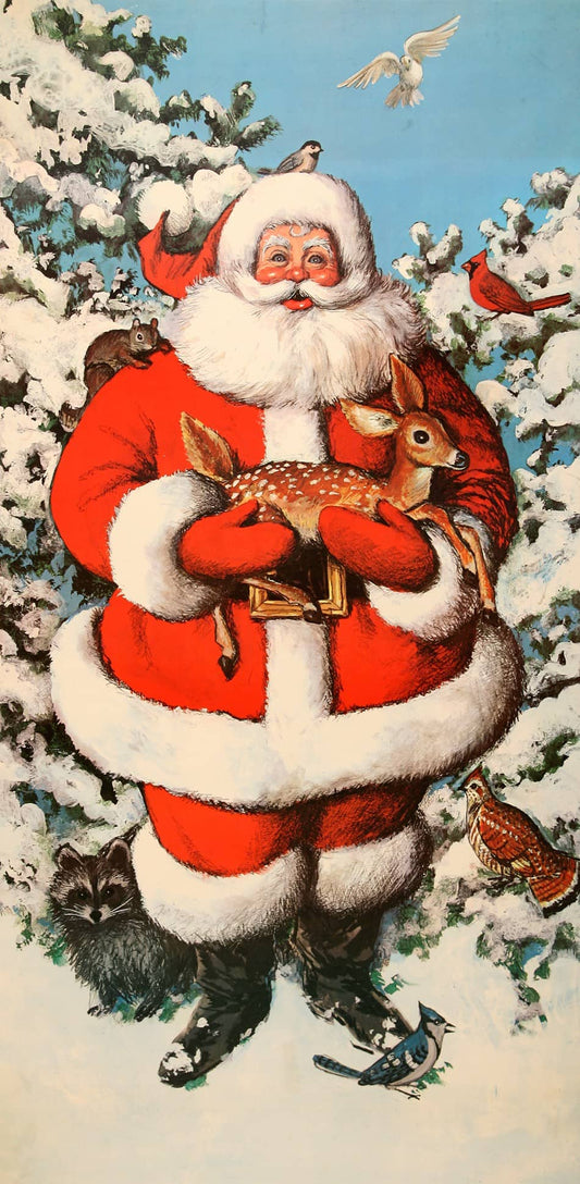 Original Santa Claus Holding Deer Christmas Poster c1965
