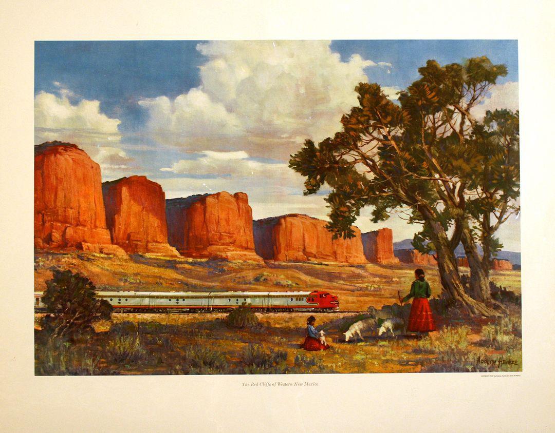 Original Vintage Santa Fe Railroad Poster The Red Cliffs of New Mexico by Adolph Heinze 1955
