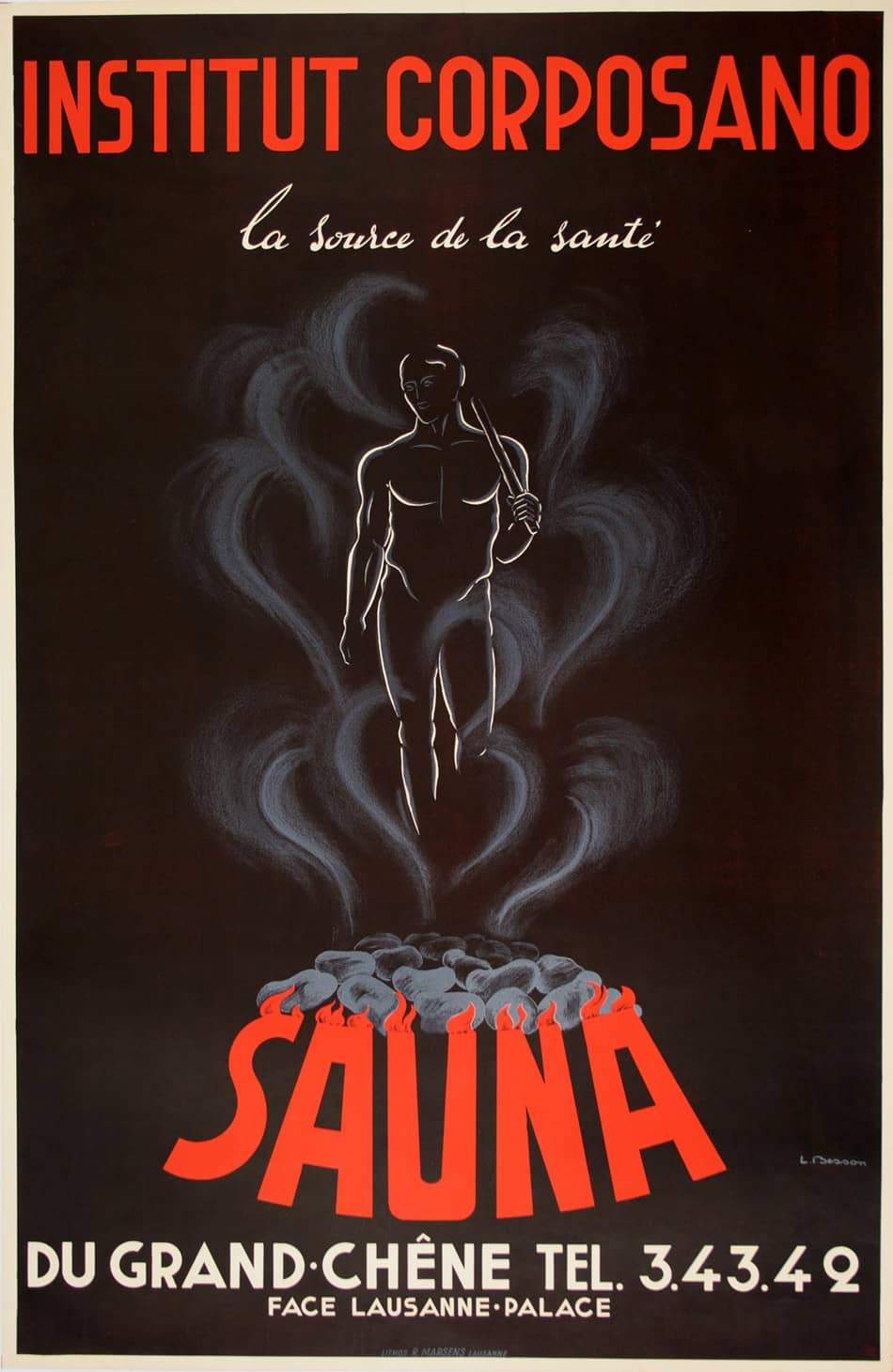 Original Vintage Swiss Travel Poster Sauna by L. Besson c1948 Spa
