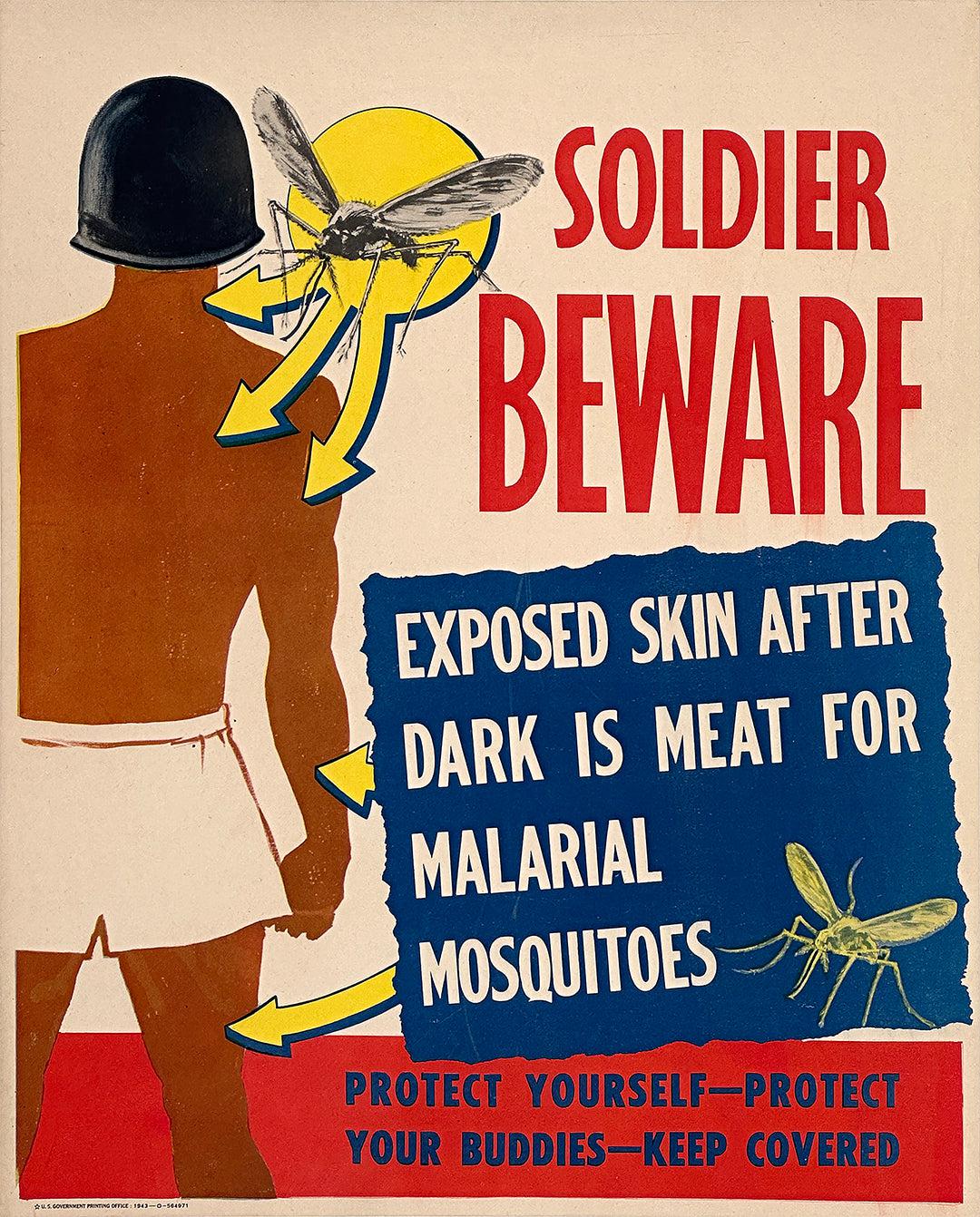 Original Vintage Anti Malaria WWII Poster Soldier Beware 1943