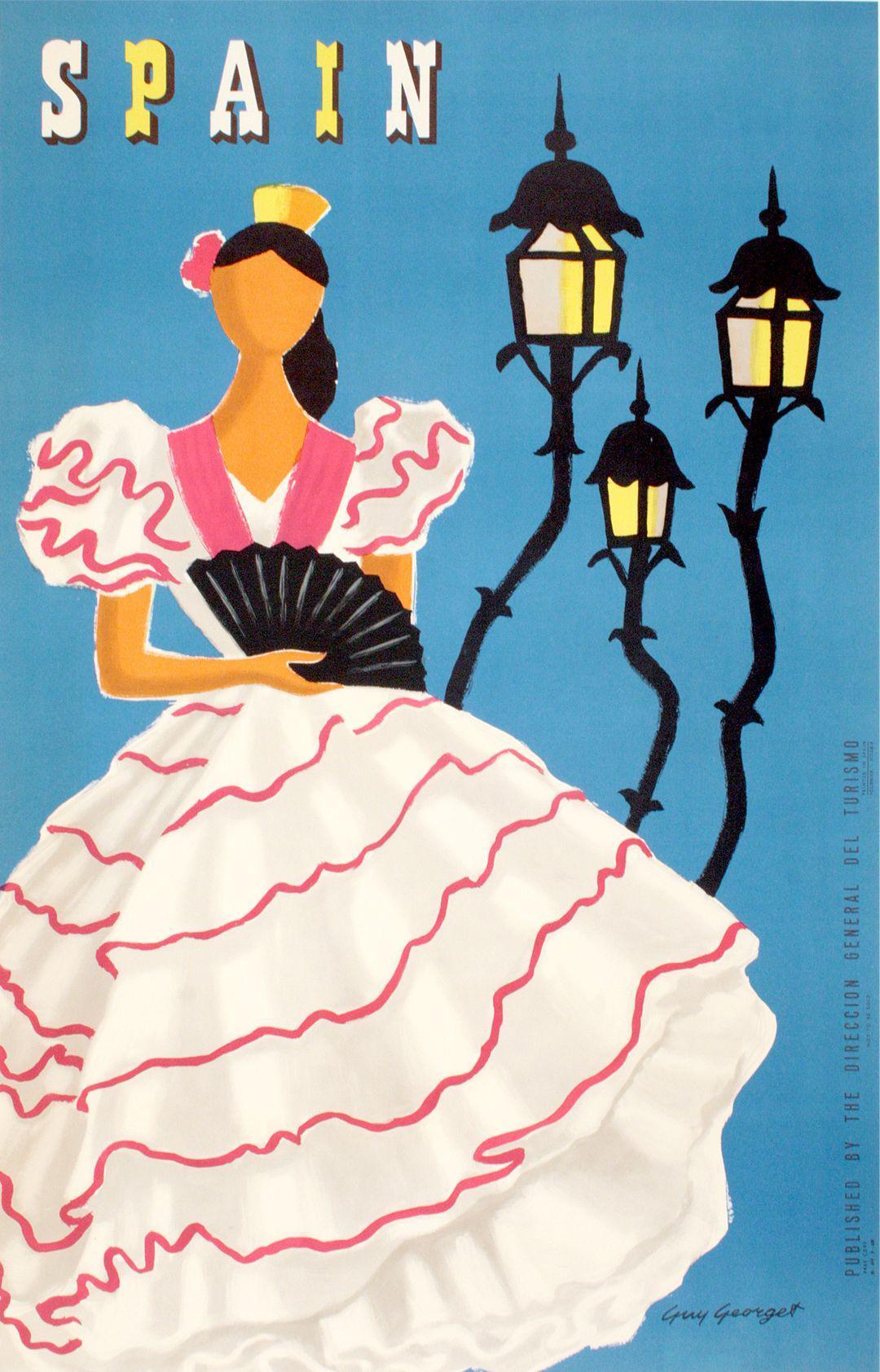 Original Travel Poster c1955 by Guy Georget - Spain Woman in White Dress