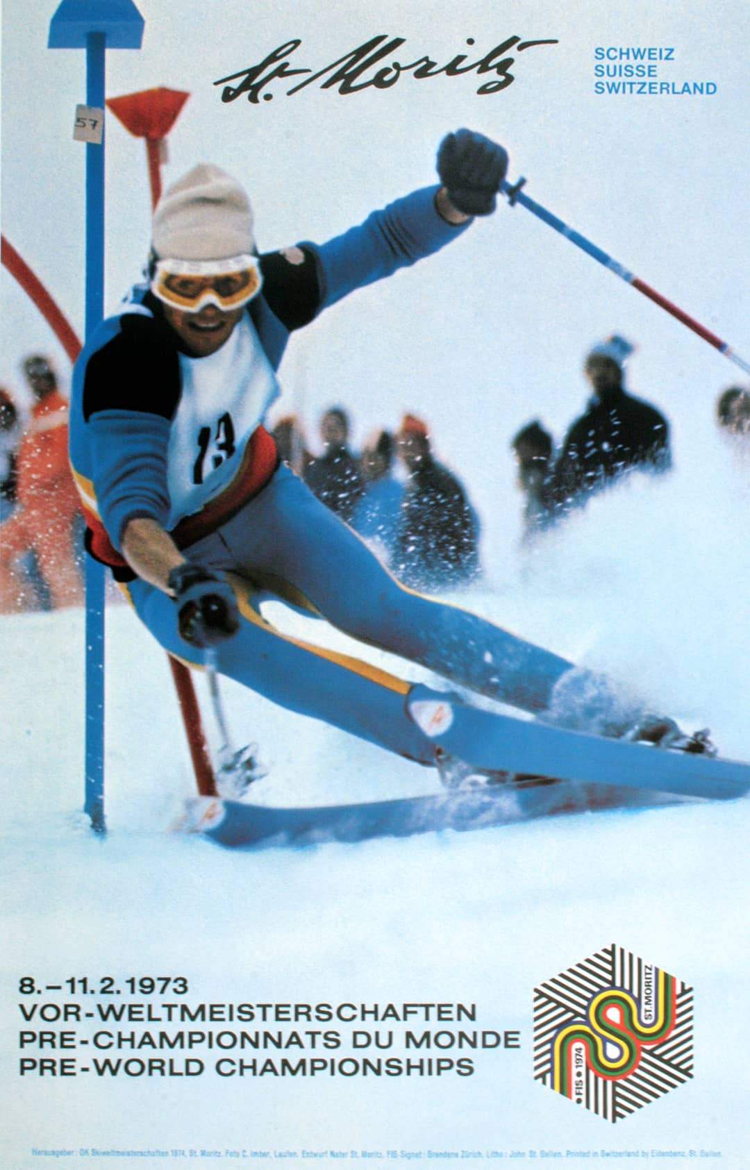 Original Vintage Swiss Ski Poster 1973 for the Pre World Championship