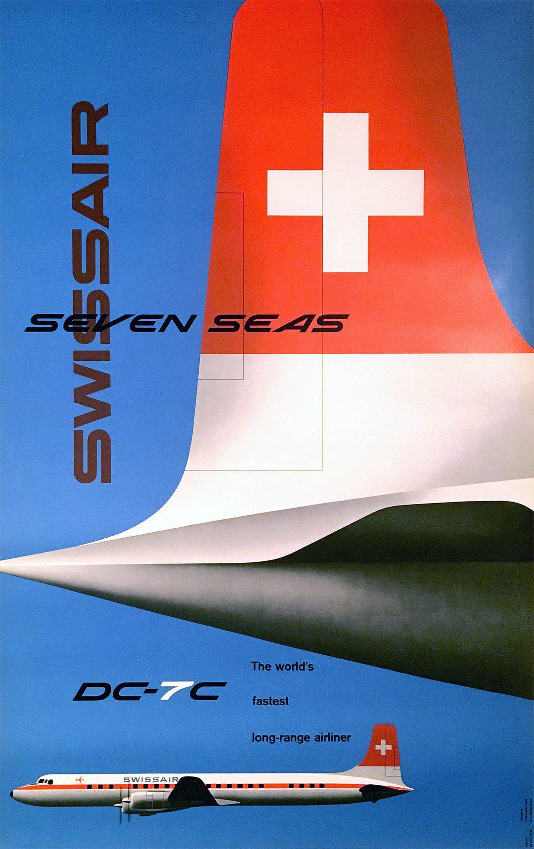 Original Vintage Swiss Air Poster by Kurt Wirth 1956 DC- 7C The World’s Longest Range Airliner