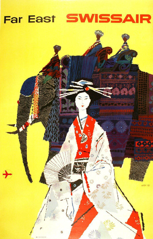 Original Swissair Far East Poster by Hugo Wetli 1957