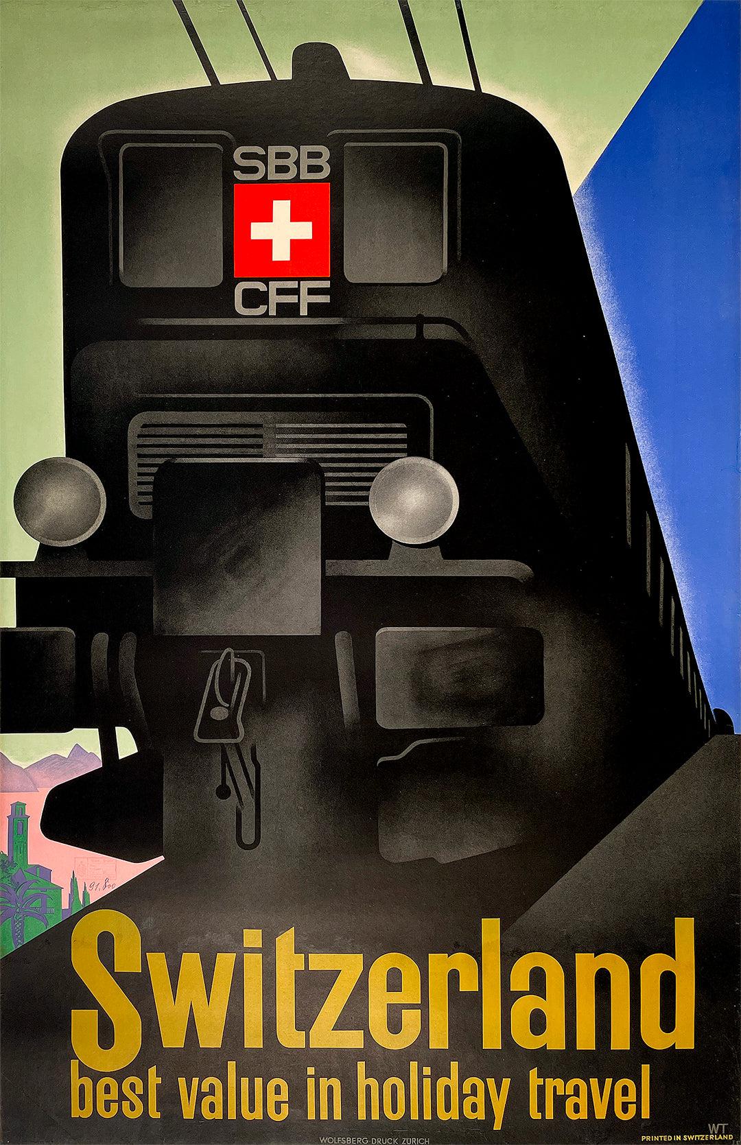Original Vintage Switzerland Train Poster by Willy Trapp 1932