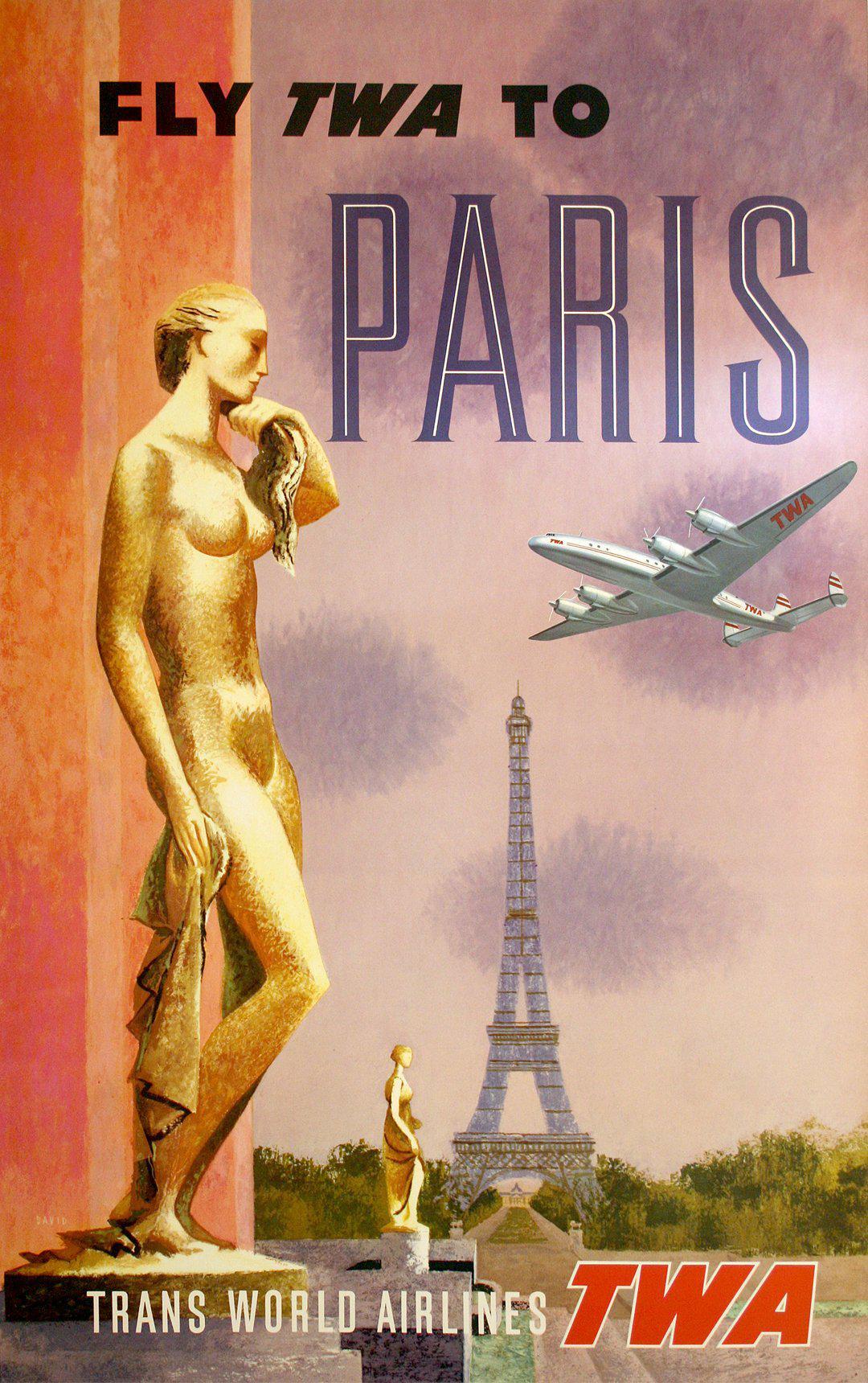 David Klein Fly TWA to Paris Golden Statues Poster c1960