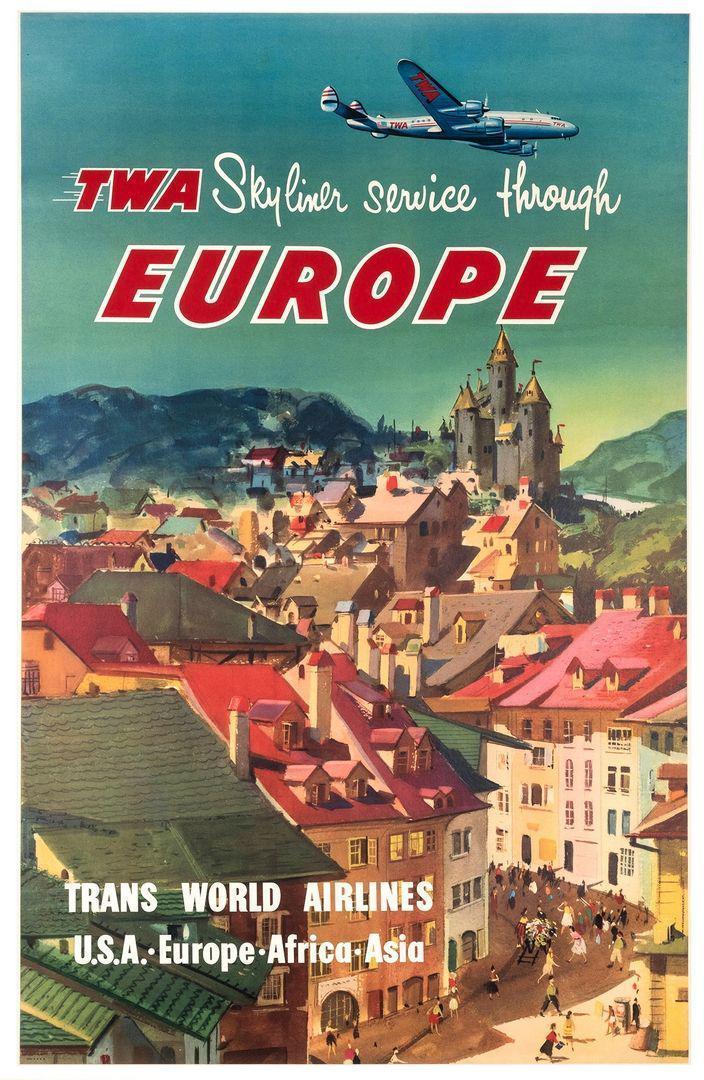 Original TWA Skyliner Service Through Europe Poster 1955