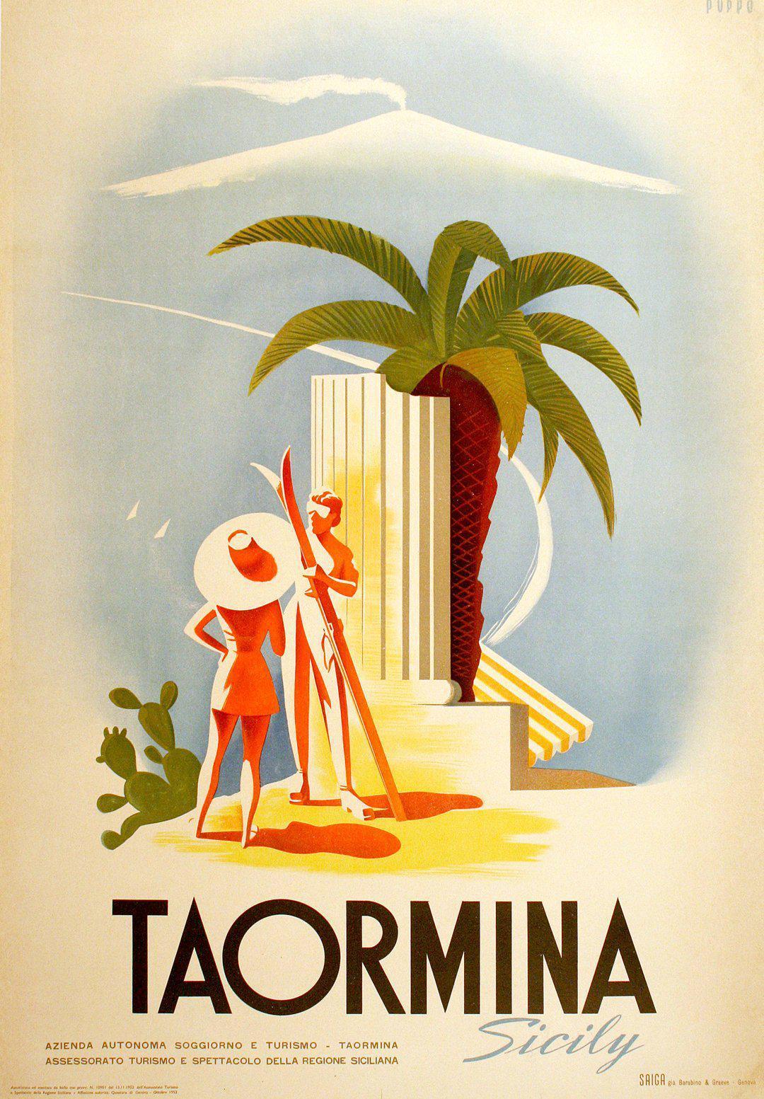 Original Vintage Italian Travel Poster Taormina Sicily by Mario Puppo 1952