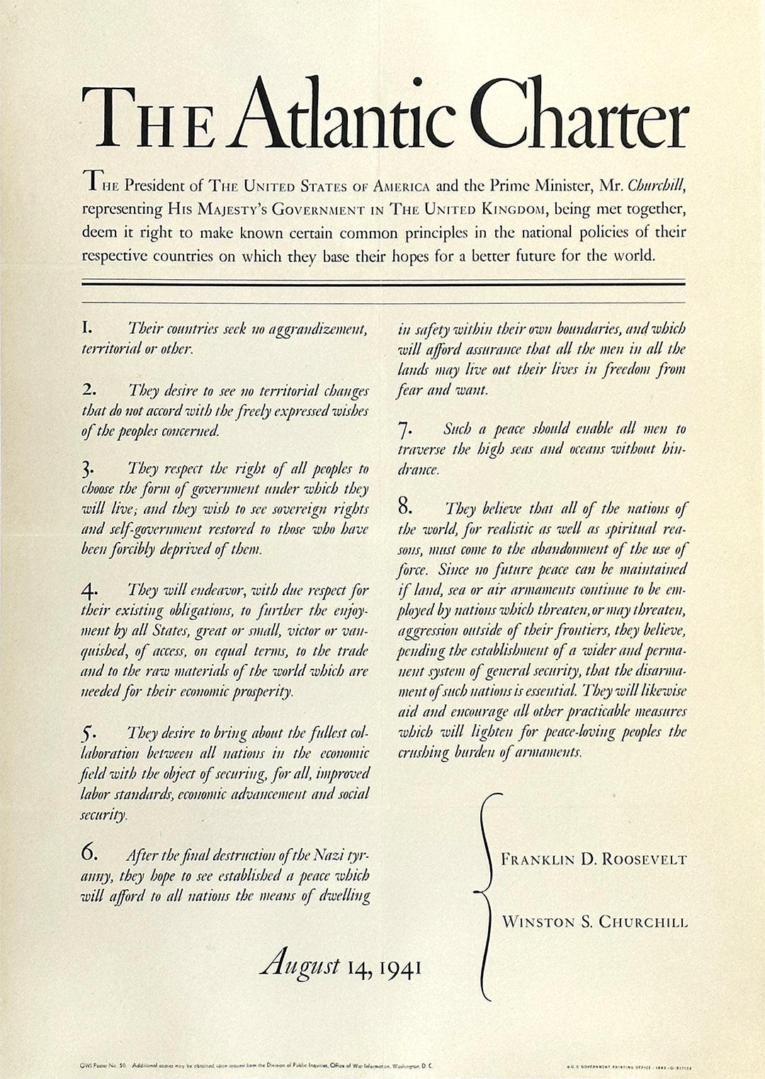 Original Vintage WWII Atlantic Charter Poster Roosevelt Churchill 1941