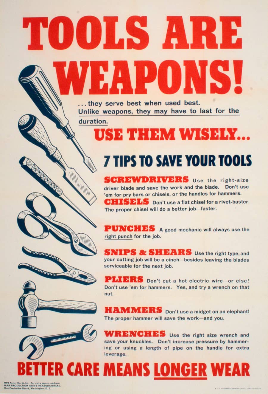 Tools are Weapons - Original Vintage 1943 WWll Poster
