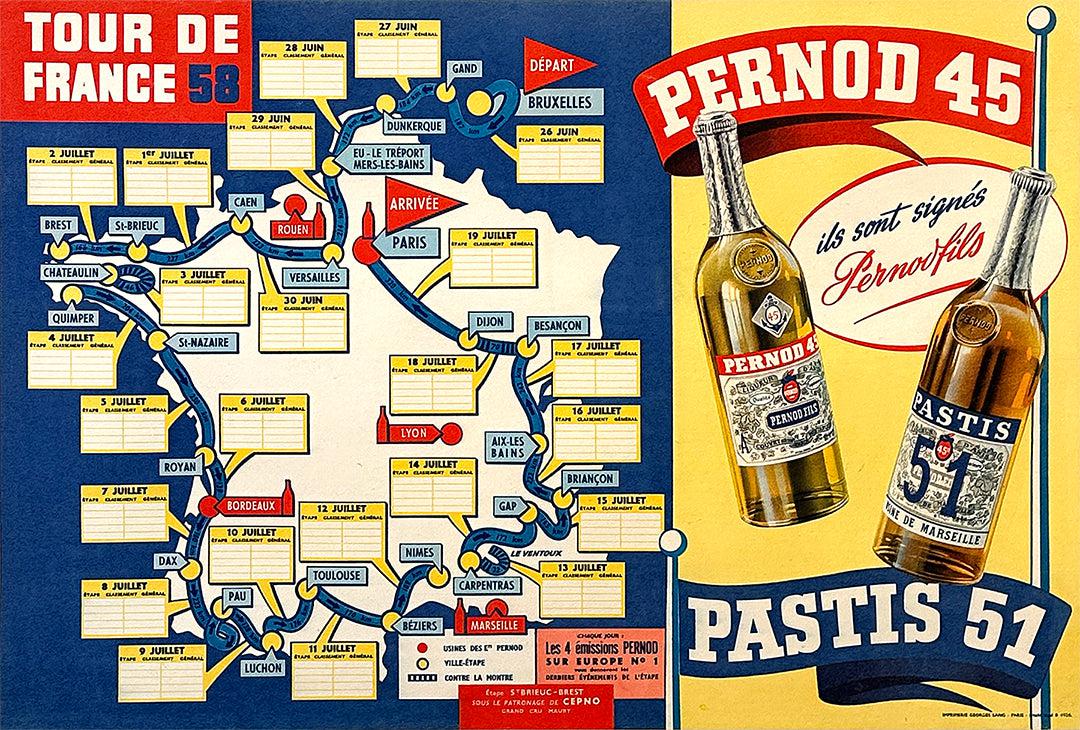 Original Vintage Tour de France Poster Pernod 1958 Cycling