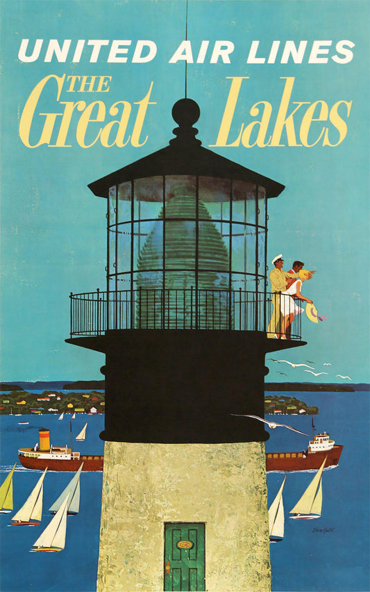Original Vintage United Air Lines Poster to the Great Lakes by Stan Galli c1960