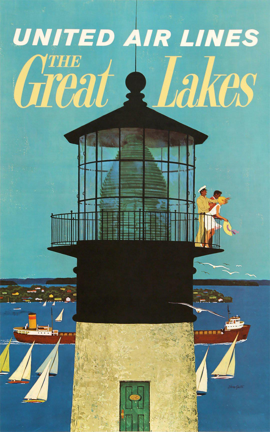 Original Vintage United Air Lines Poster to the Great Lakes by Stan Galli c1960