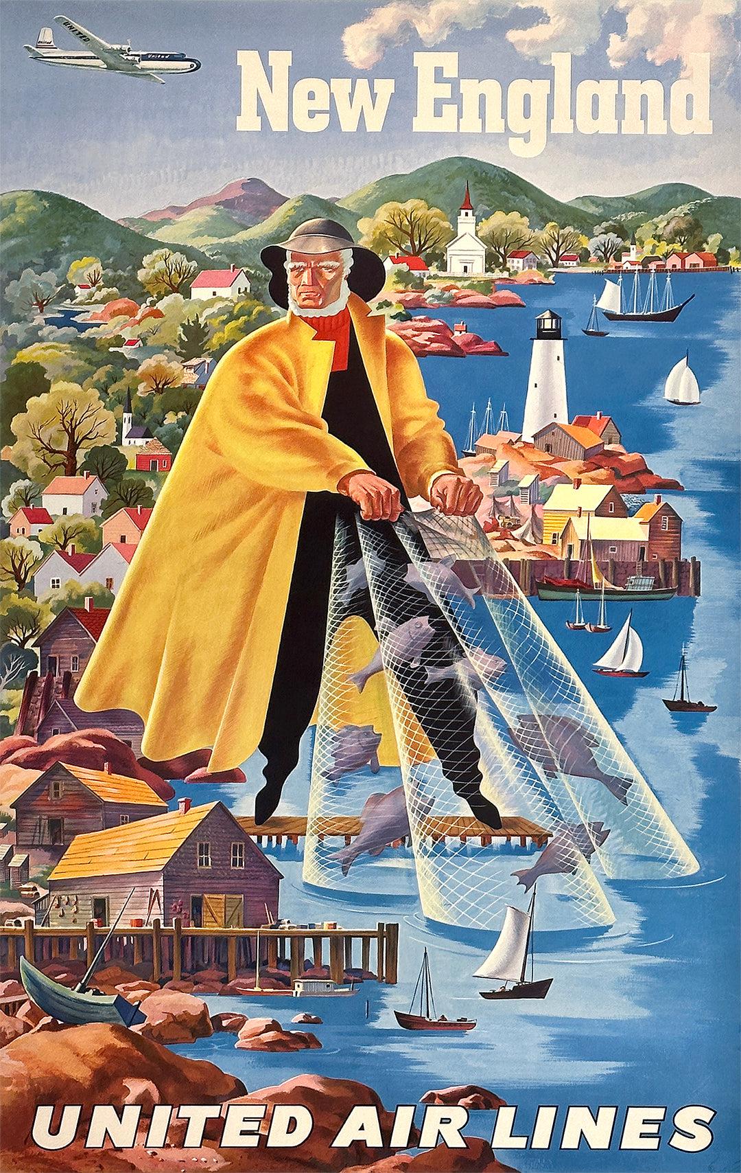 Original Vintage United Air Lines New England Poster Fisherman c1950 by Joseph Feher