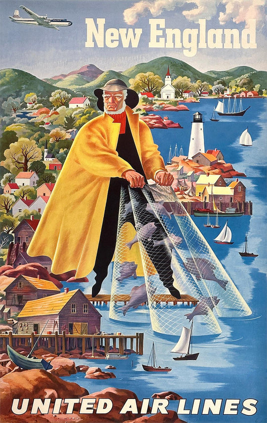 Original Vintage United Air Lines New England Poster Fisherman c1950 by Joseph Feher