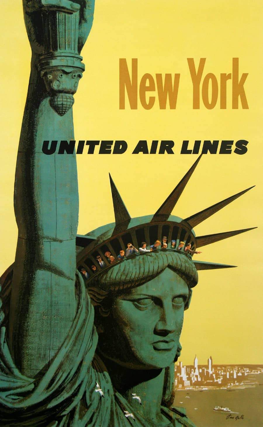 Original United Airlines New York Travel Poster 1960's by Stan Galli - Statue of Liberty