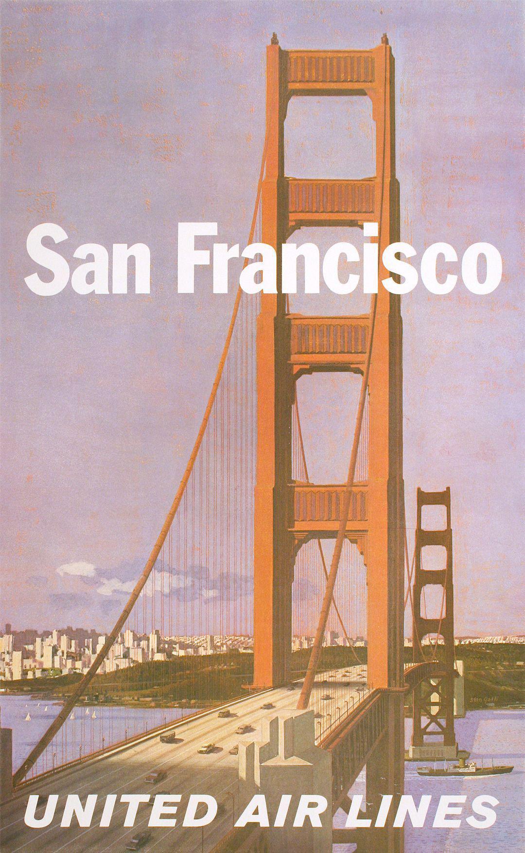 Original Vintage United Airlines San Francisco Travel Poster by Stan Galli Golden Gate Bridge c1960