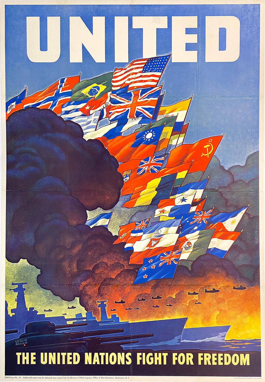 Original Vintage WWII United Nations Fight for Freedom Poster by Leslie Ragan Large 1943