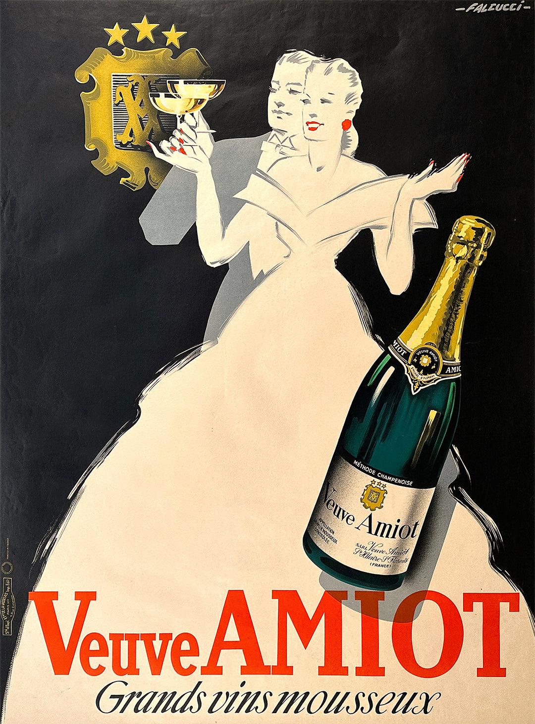 Original Vintage Veuve Amiot Champagne Poster by Falcucci c1935 Couple