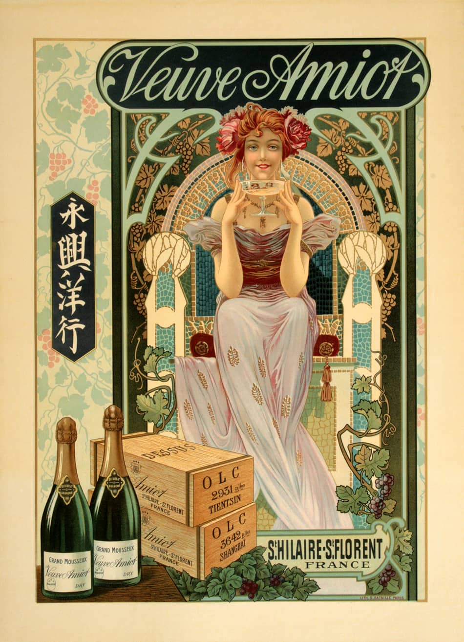 Original French Champagne Poster for Veuve Amiot Chinese Text C1900