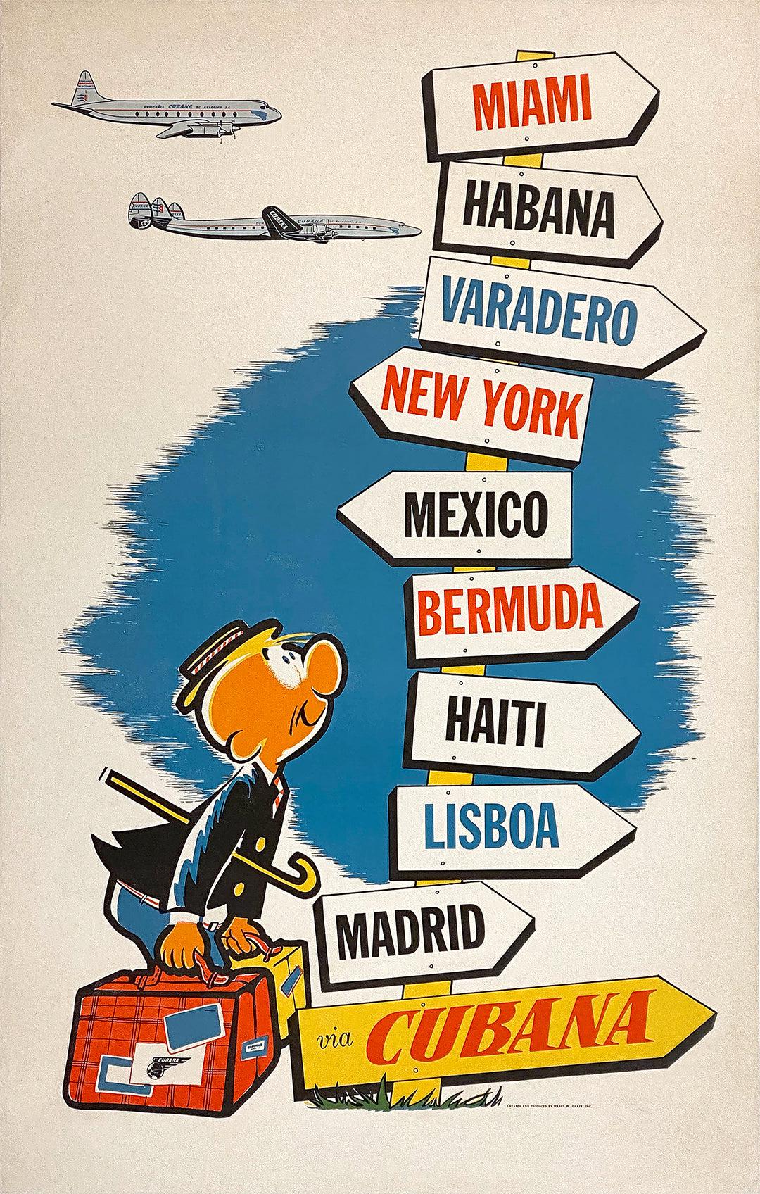 Original Vintage Poster Via Cubana Airlines by Harry Graff c1956
