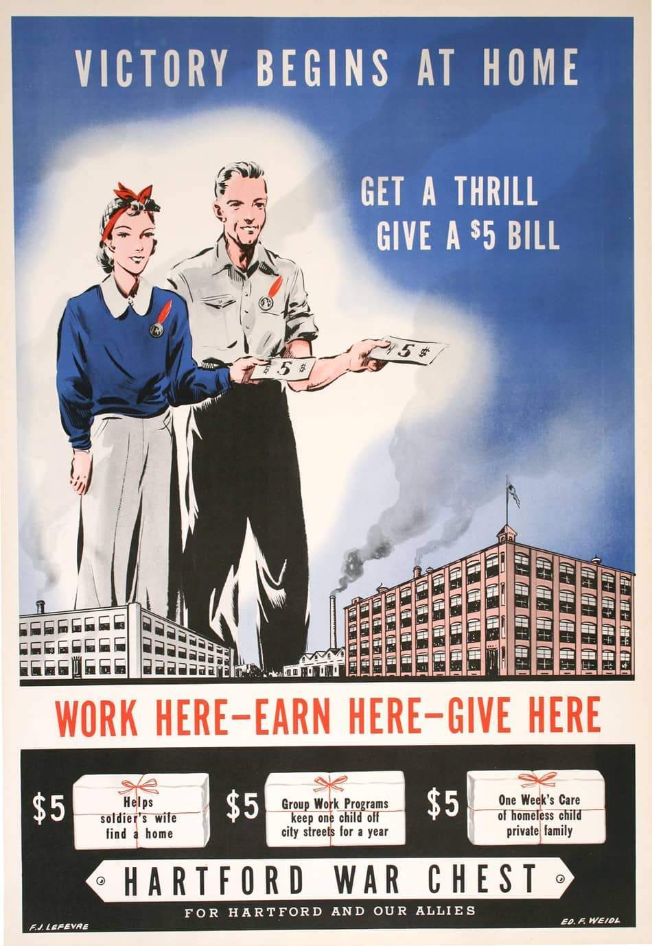 Original World War ll Vintage Poster - Victory Begins at Home - Hartford Connecticut