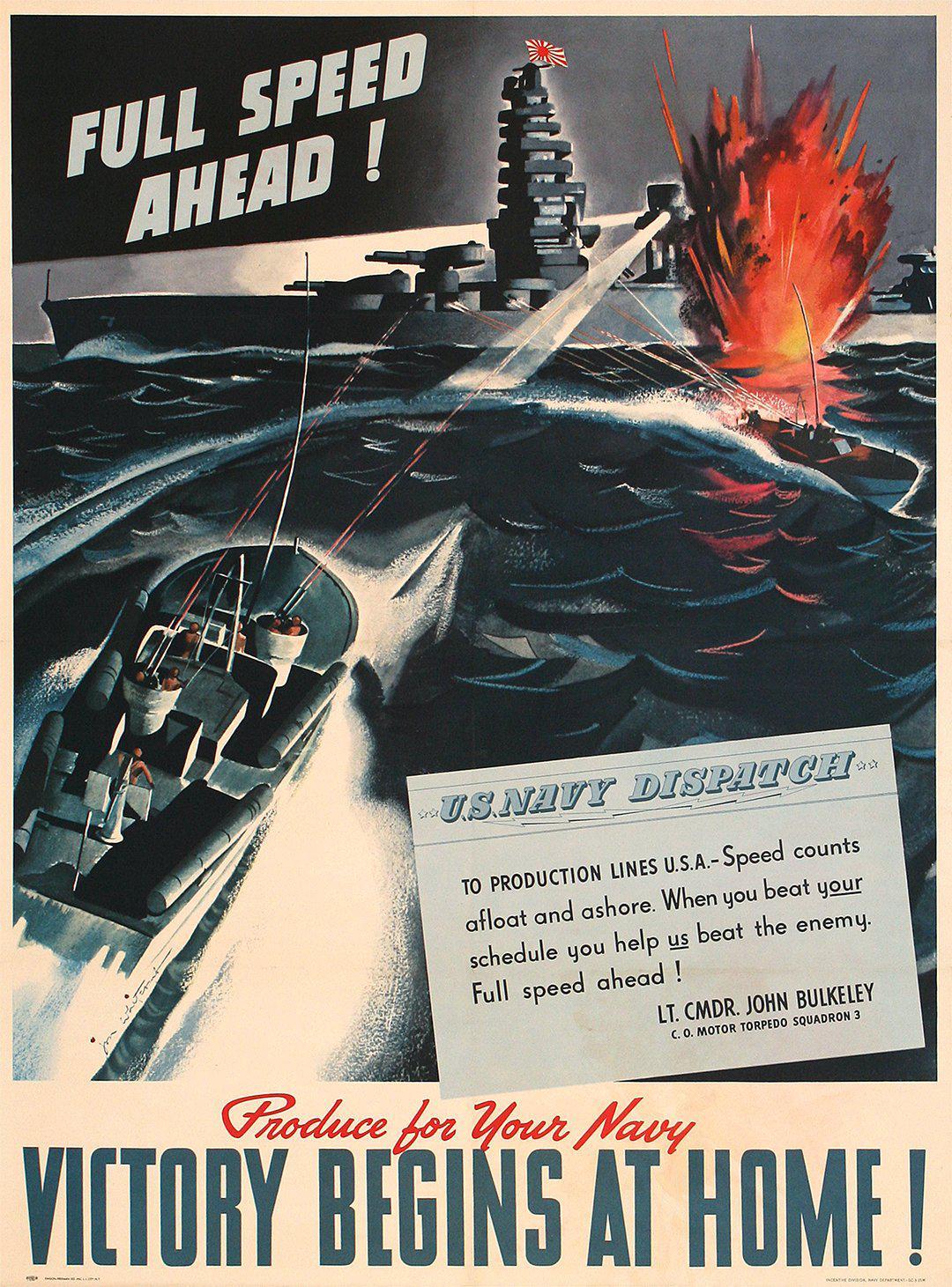 Original Vintage WWII Poster Victory Begins at Home - Full Speed Ahead Navy by Jon Whitcomb