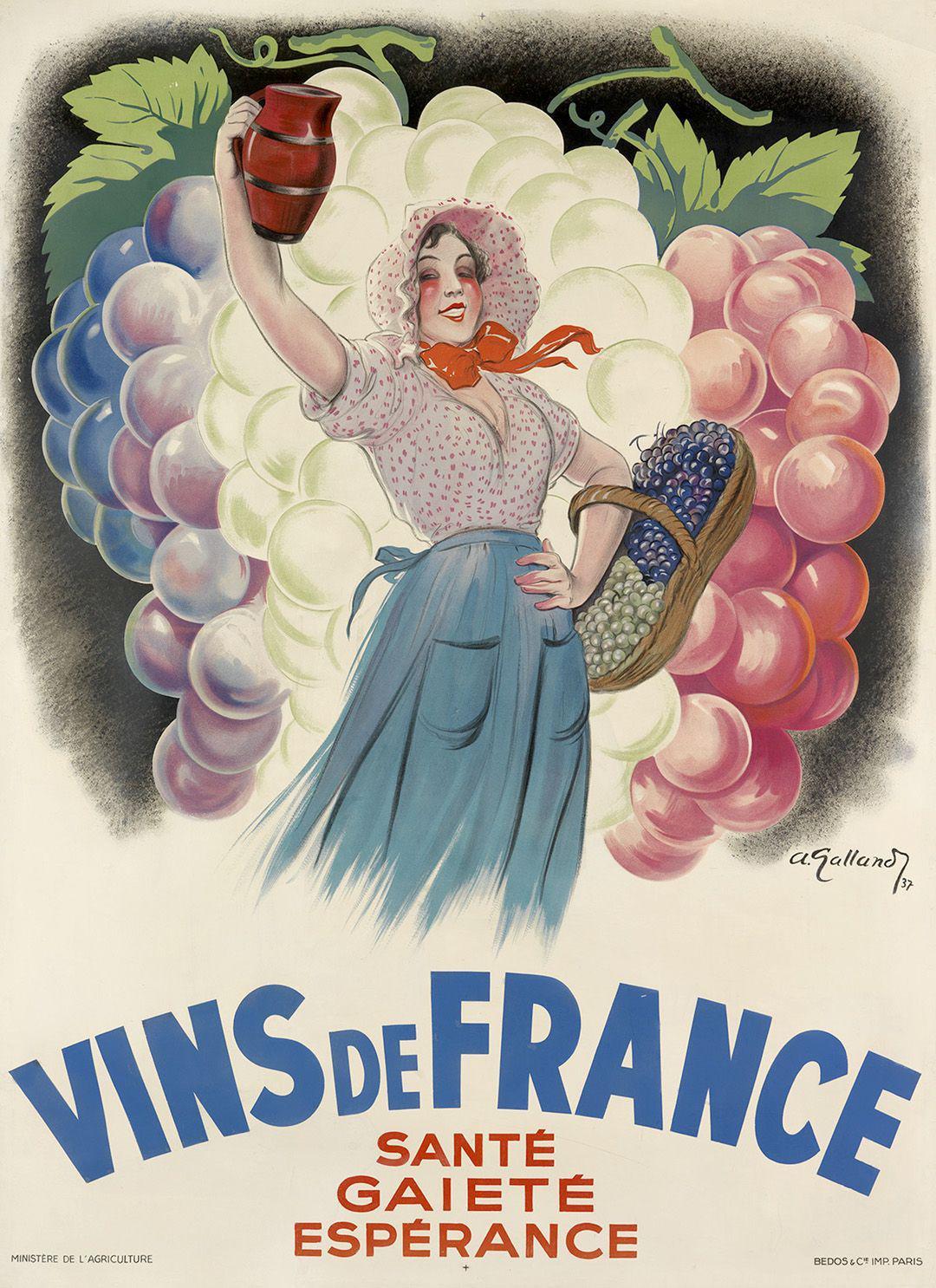 Original Vintage Wine Poster Vins de France by Galland 1937