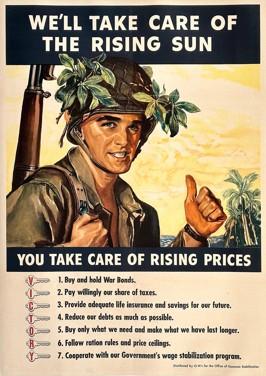 Original Vintage WWII Poster We'll Take Care of the Rising Sun Inflation 1943 Pacific