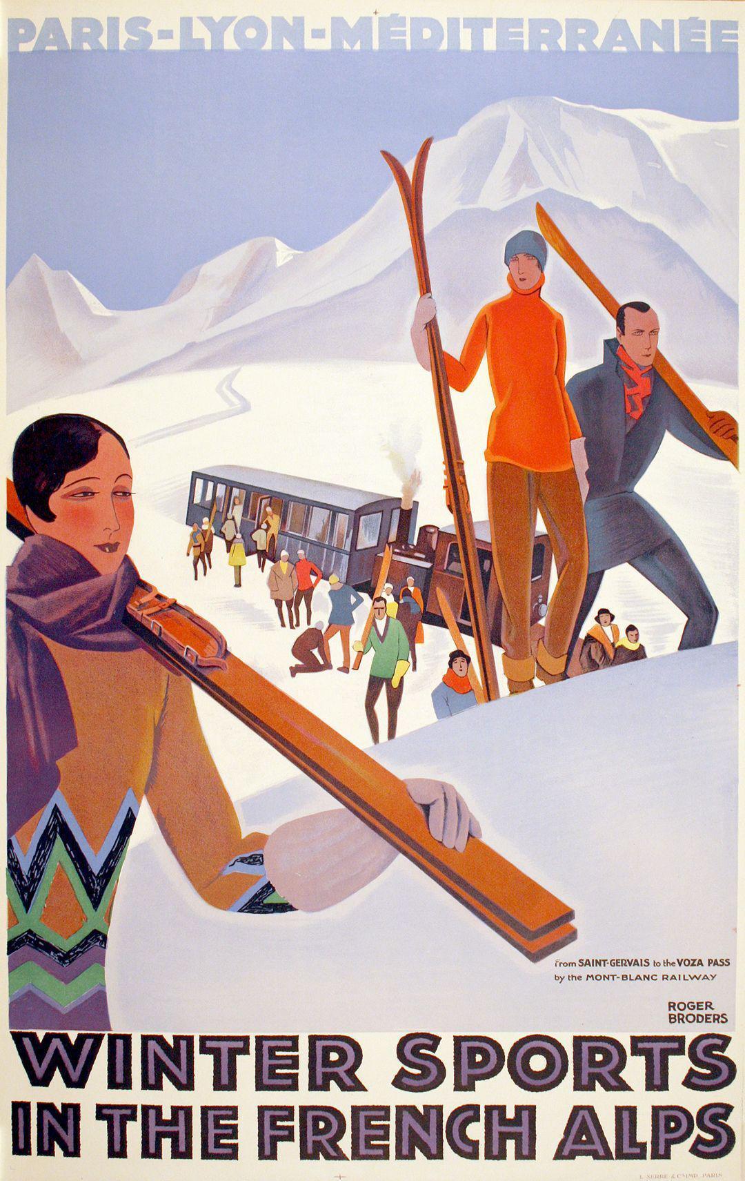 Original Vintage Roger Broders Poster Winter Sports in the French Alps 1929 Art Deco
