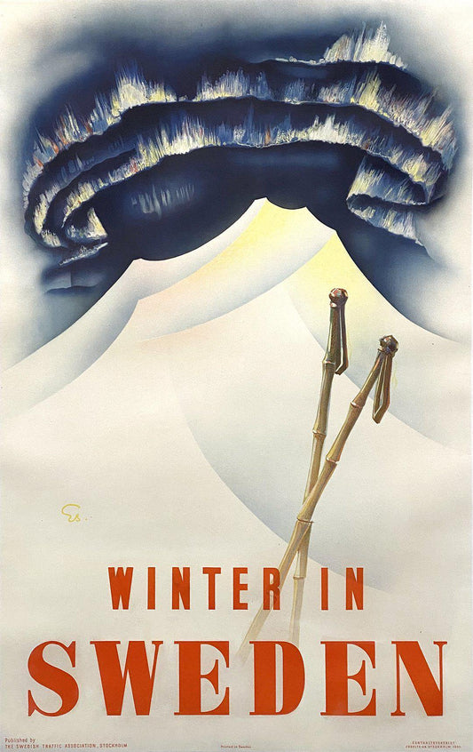 Winter in Sweden Original Vintage Ski Travel Poster 1935 by EB